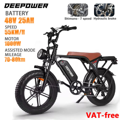 DEEPOWER V8 Mountain Motorcycle 1000W 48V 25AH Electric Bike  Adult EBIKE 20 Inch Thick Tire Off-Road Folding Electric ebike